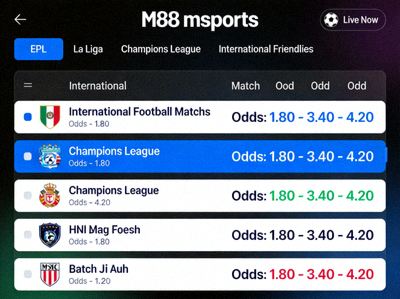 Antarmuka taruhan M88 msports dengan odds lengkap berbagai pertandingan sepak bola internasional