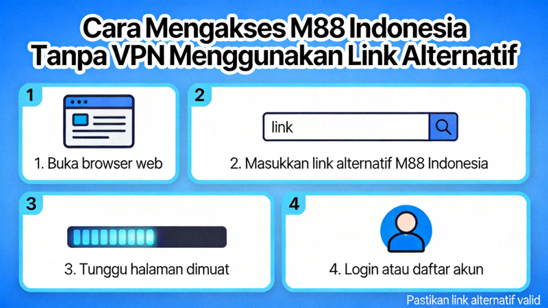 Diagram alur cara mengakses M88 Indonesia tanpa VPN menggunakan link alternatif