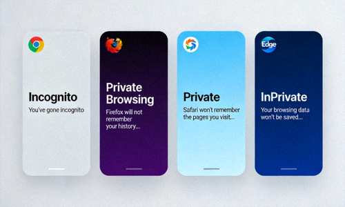 Gambar tampilan mode penyamaran atau incognito pada berbagai browser web populer