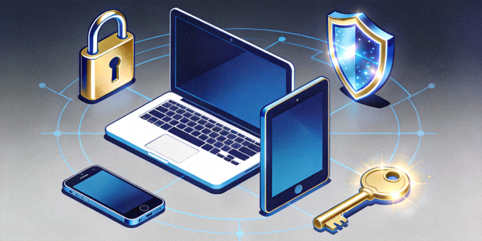 Ilustrasi konsep keamanan siber dengan ikon gembok, perisai, dan kunci di sekitar perangkat digital
