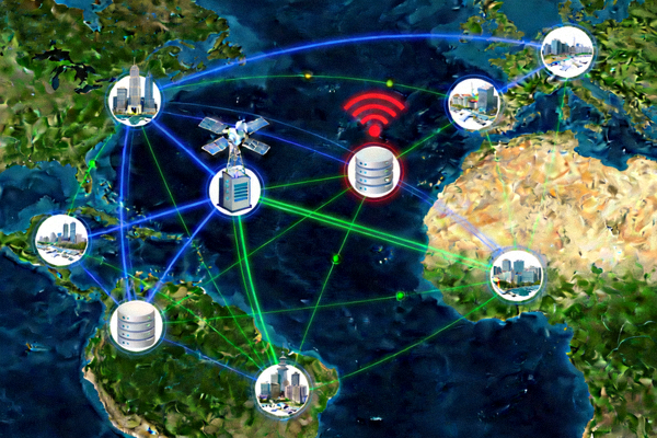 Ilustrasi jaringan internet dan koneksi global dengan berbagai jalur akses