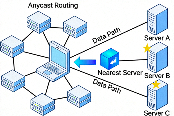 Ilustrasi teknologi Anycast Routing dan jalur data ke server terdekat