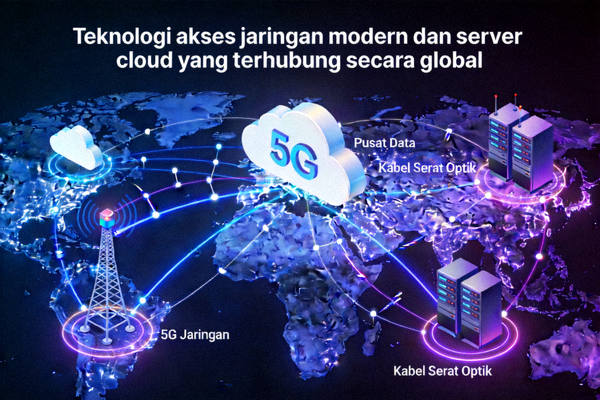 Teknologi akses jaringan modern dan server cloud yang terhubung secara global